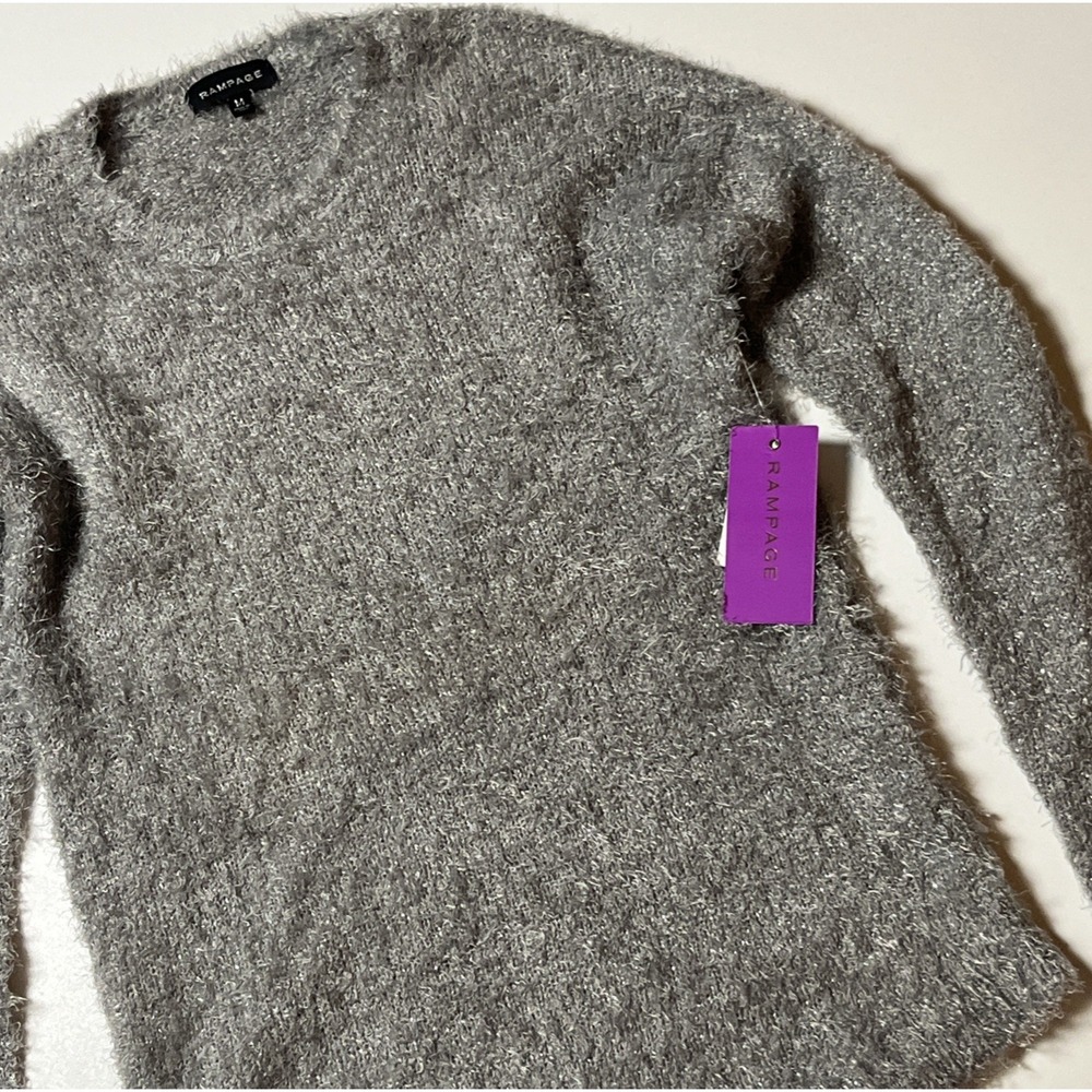 Rampage Womens Gray Metallic Fuzzy Eyelash Knit Sweater Shimmer Crew Neck Medium